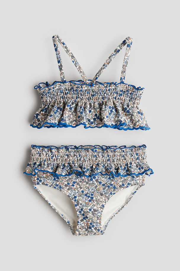 H&M Flounce-trimmed Smocked Bikini Blue/floral