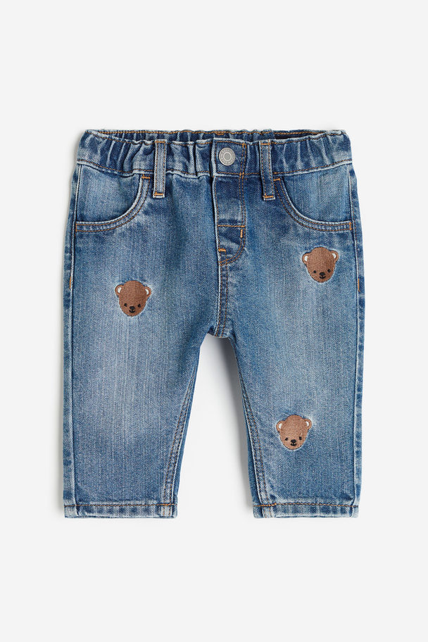 H&M Embroidered Jeans Denim Blue/teddy Bears