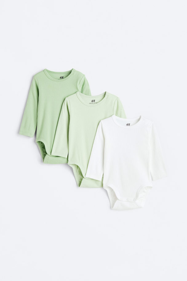 H&M 3-pack Ribbed Bodysuits Light Green/white