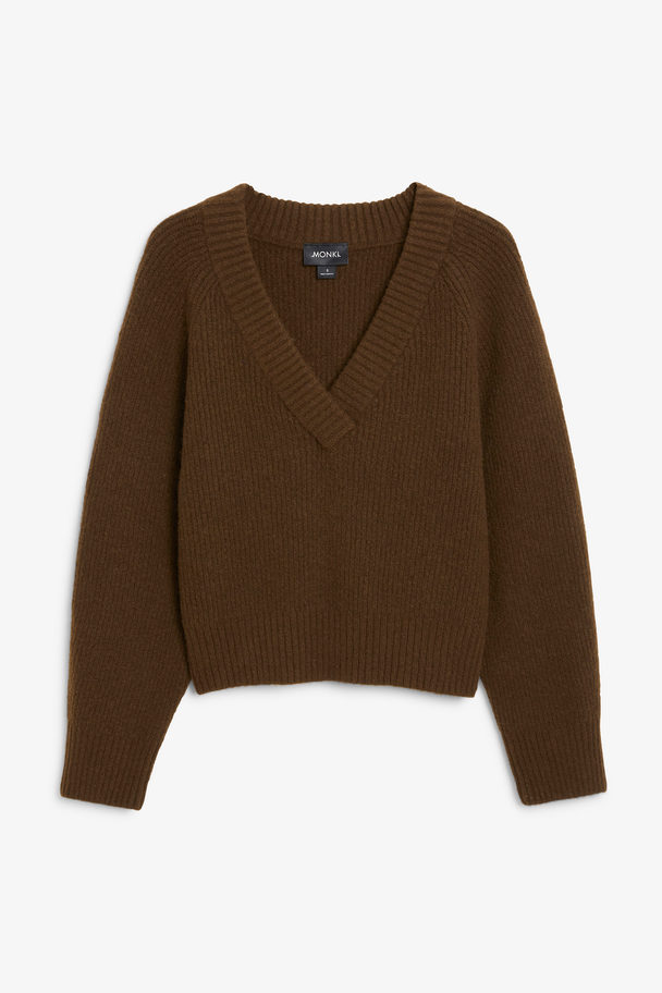 Monki Brown Knitted V-neck Sweater Dark Brown