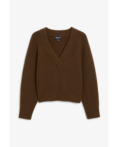 Brown Knitted V-neck Sweater Dark Brown