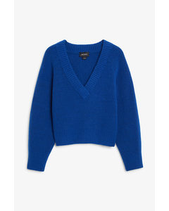 Blue Knitted V-neck Sweater Bright Blue