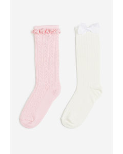 2-pack Pointelle Knee Socks Light Pink/white