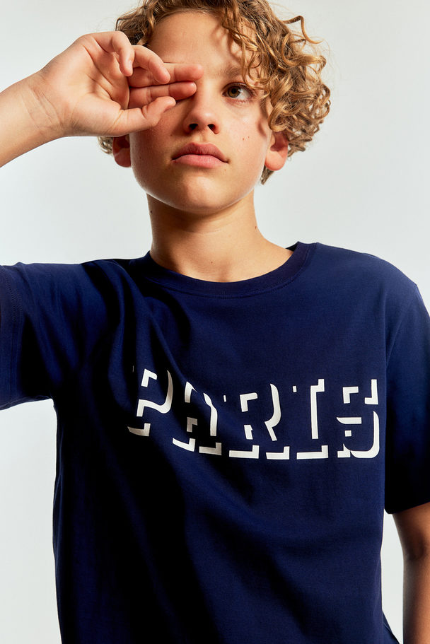 H&M Printed Cotton T-shirt Dark Blue/paris