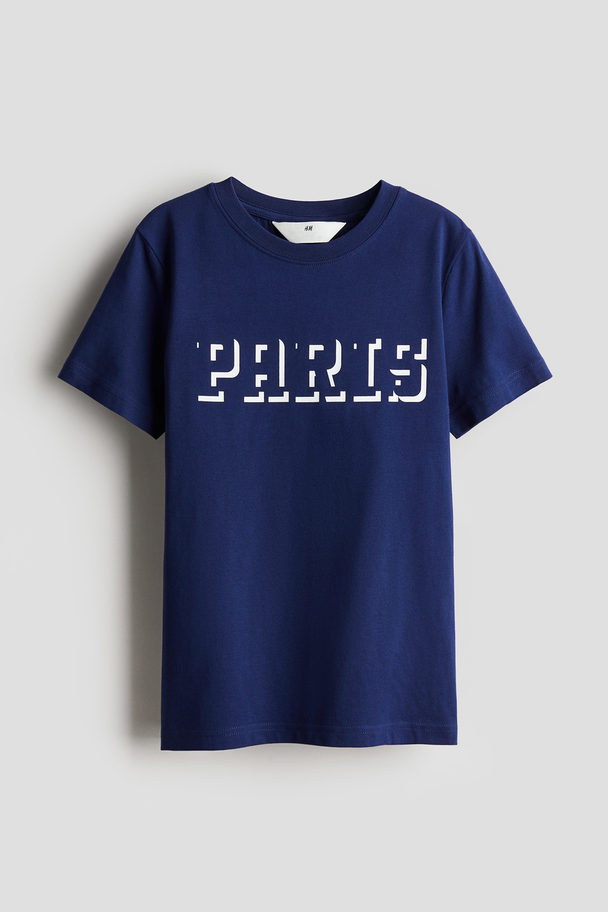 H&M Printed Cotton T-shirt Dark Blue/paris