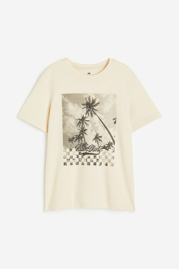 H&M Printed Cotton T-shirt Light Beige/palm Blvd