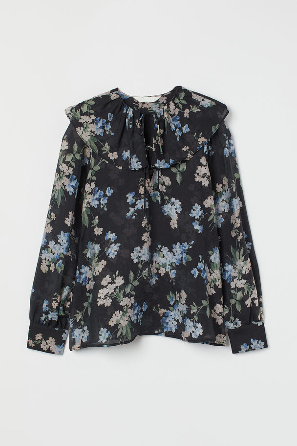 H&M Flounce-collared Blouse Black/floral