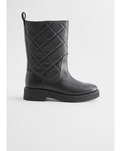 Diamond Quilted Leather Boots Black