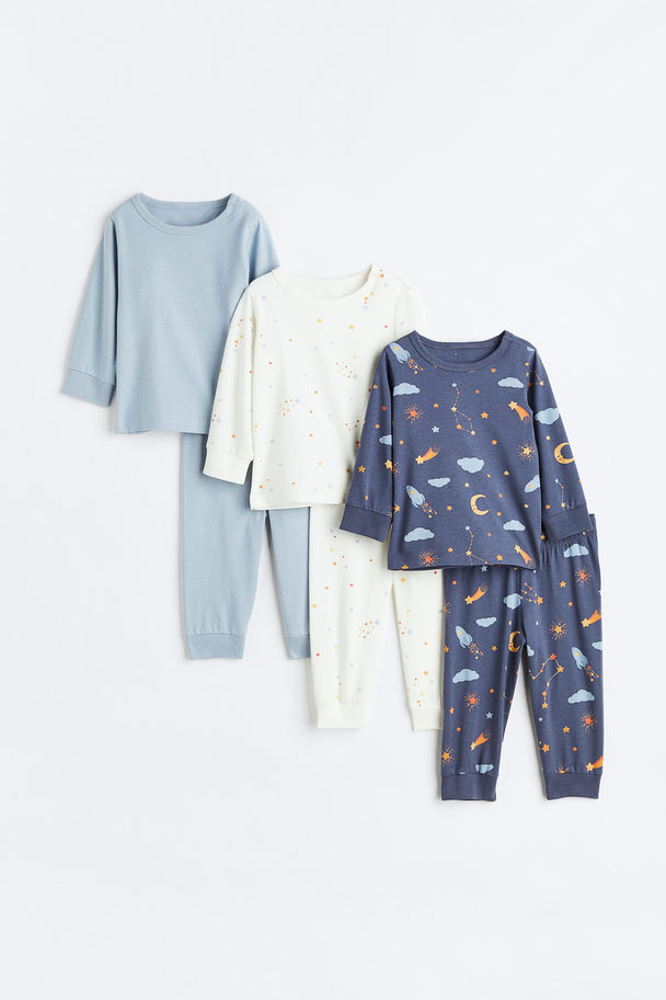 H&M Set Van 3 Katoenen Pyjamapakjes Blauw/ruimteschepen