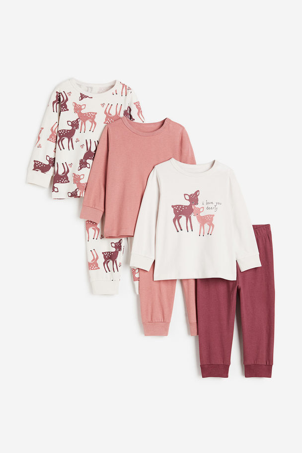 H&M 3-pack Pyjamas I Bomull Mörkrosa/rådjur
