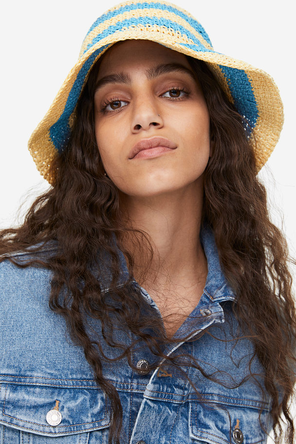 H&M Crochet-look Bucket Hat Beige/turquoise Striped