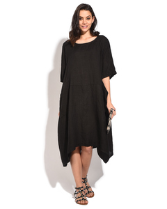 Fluid Mid-lenght Trapeze Dress With Half-sleeves And Pockets