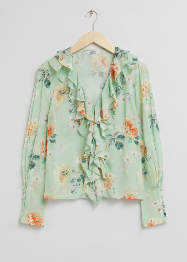 & Other Stories Fitted Frilled Collar Blouse Green Floral Print