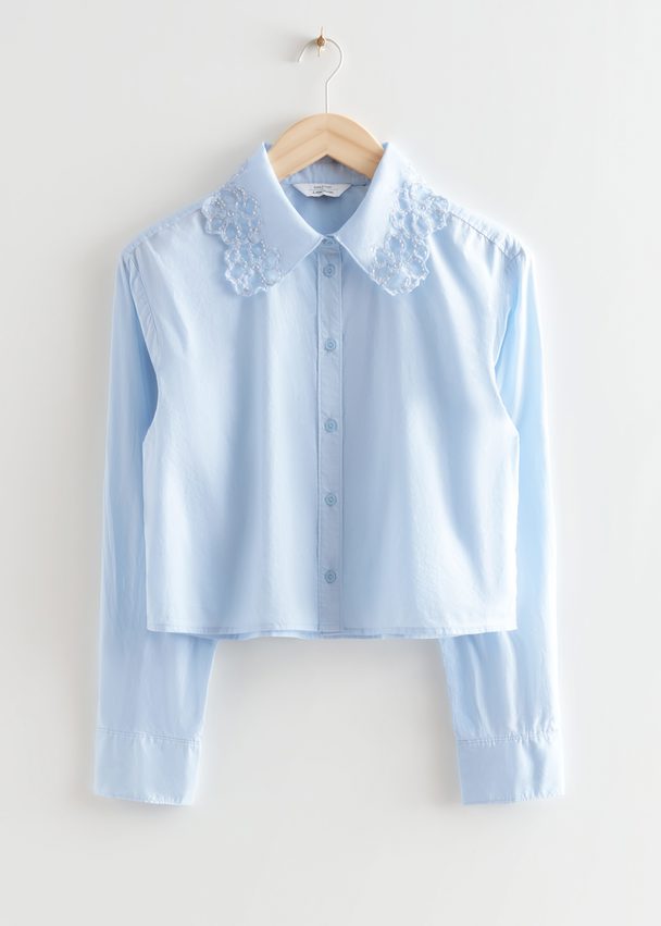 & Other Stories Cropped Floral Embroidery Shirt Blue