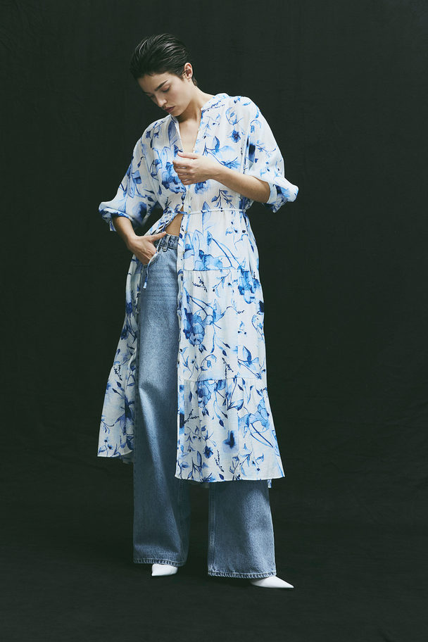 H&M Oversized Crinklejurk Wit/blauw Bloemen