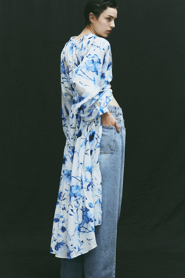 H&M Oversized Crinklejurk Wit/blauw Bloemen