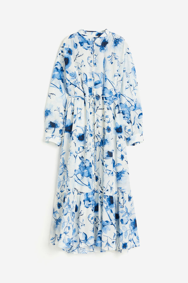 H&M Oversized Kleid aus Crinklestoff Weiß/Blau geblümt