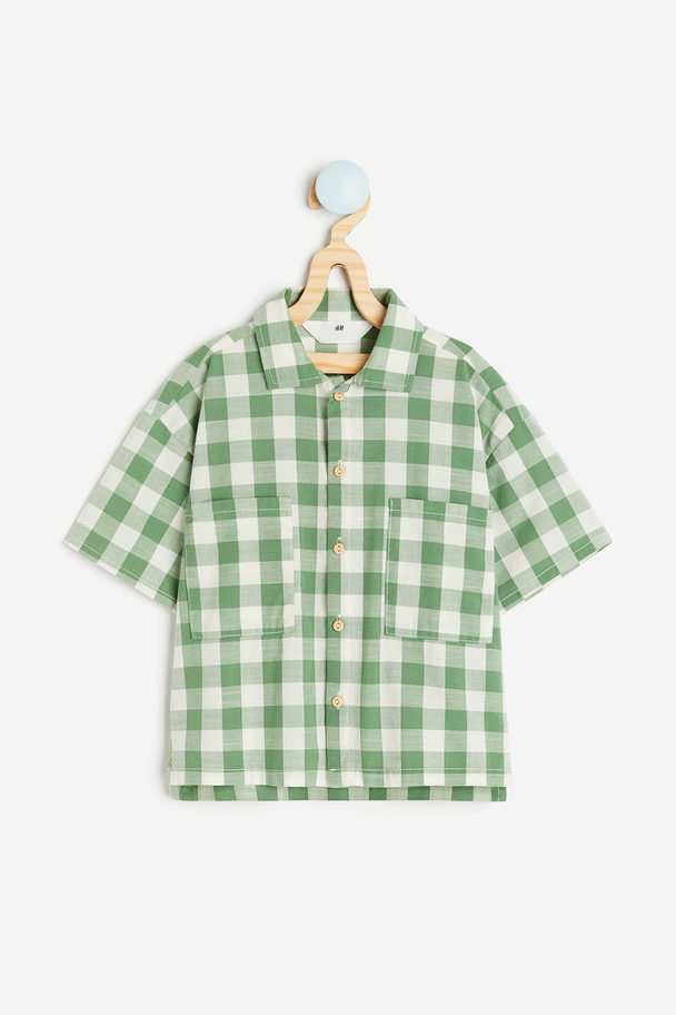 H&M Short-sleeved Cotton Shirt Green/gingham-checked