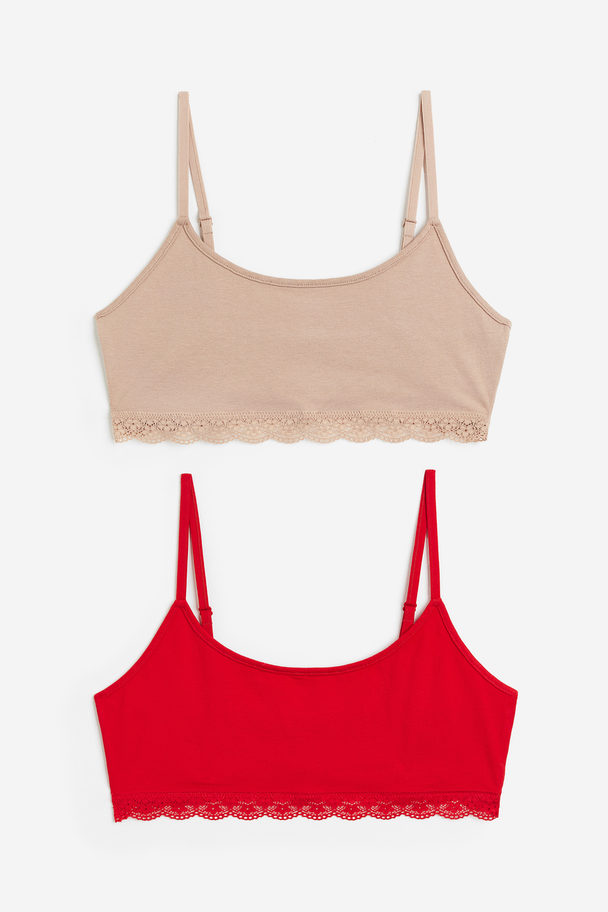 H&M 2-pack Non-padded Cotton Bra Tops Beige/red