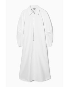 Zip-up Denim Shirt Dress White