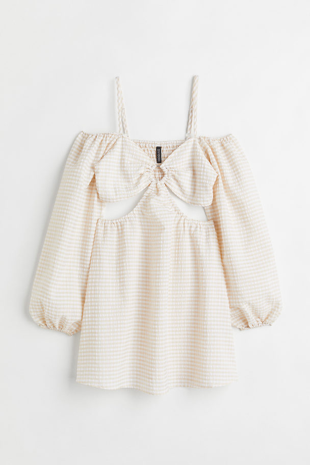 H&M Kort Cut Out-kjole Lys Beige/hvit Rutet
