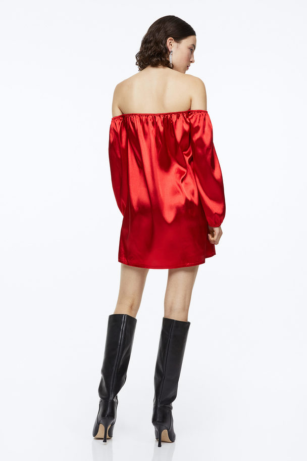 H&M Off-the-shoulder Satin Dress Red