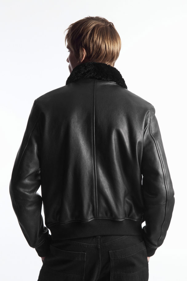 COS Shearling-trimmed Leather Bomber Jacket Black