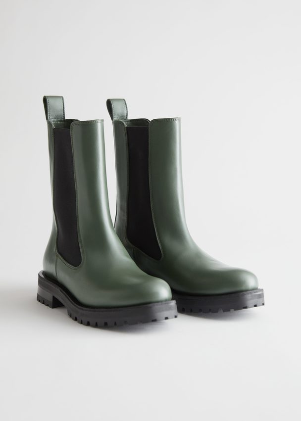 & Other Stories Chelsea-Boots aus Leder mit klobiger Sohle Grün