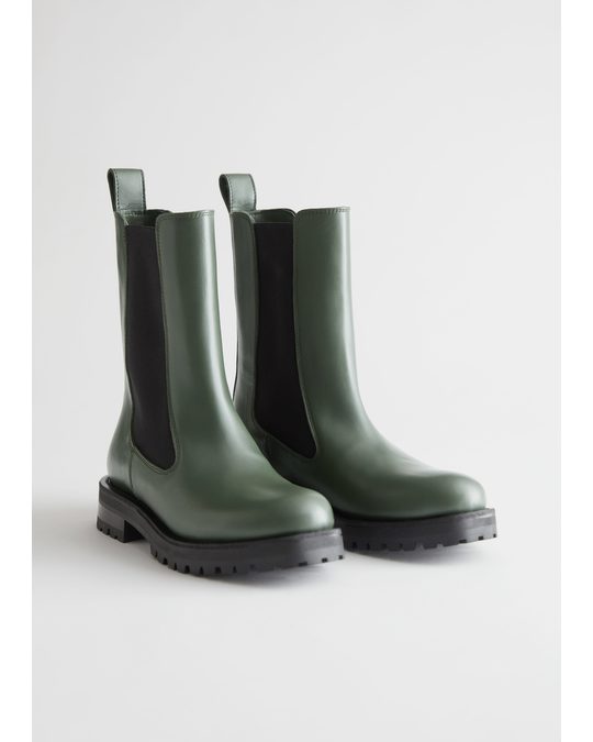 & Other Stories Chunky Sole Leather Chelsea Boots Green