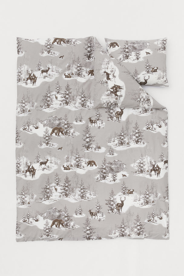 H&M HOME Cotton Duvet Cover Set Grey/forest Animals
