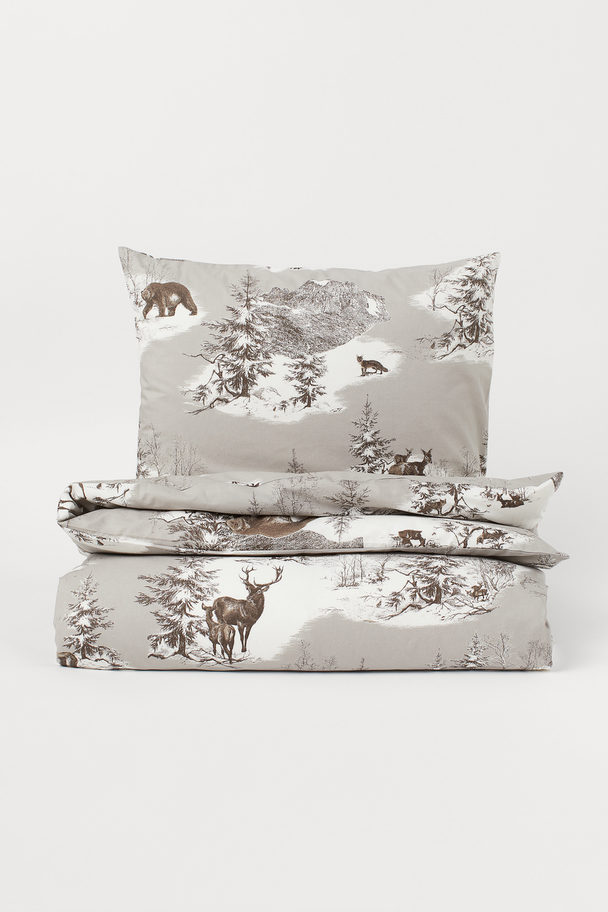 H&M HOME Cotton Duvet Cover Set Grey/forest Animals