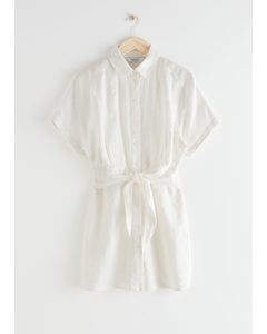 Belted Linen Mini Dress White