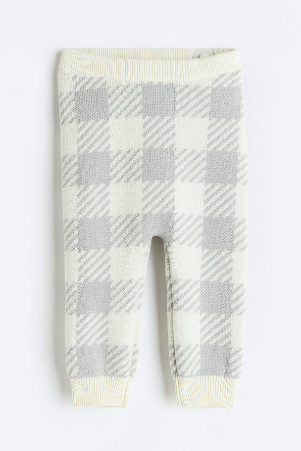 H&M Jacquard-knit Cotton Leggings Light Grey/checked