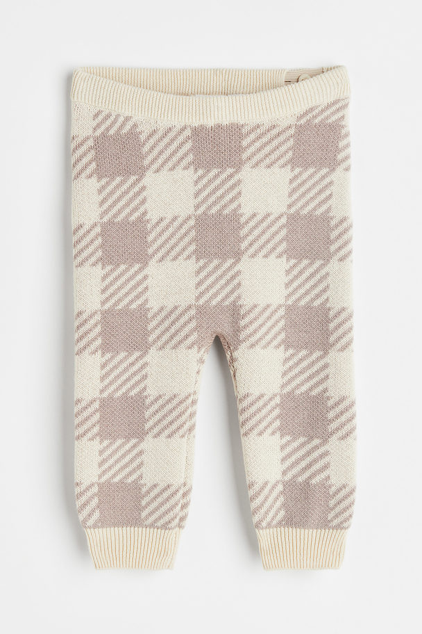 H&M Jacquard-knit Cotton Leggings Cream/beige Checked