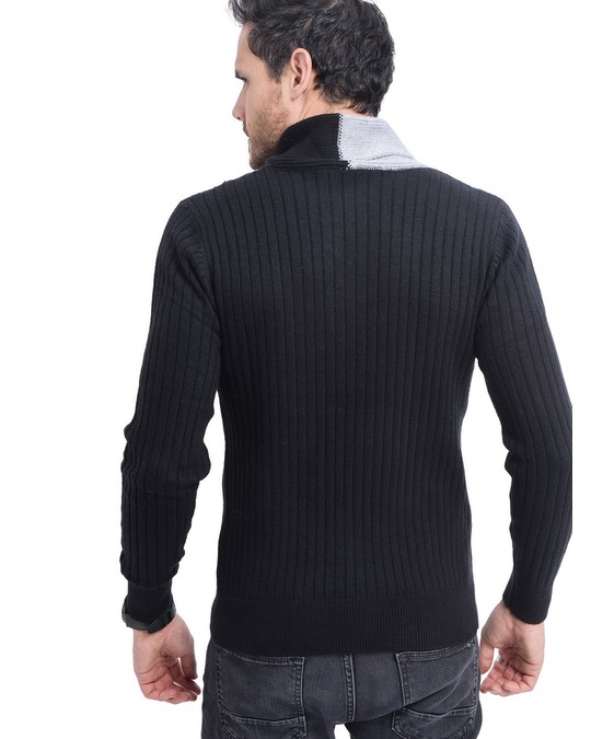 William de Faye Buttoned Shawl Collar Jacquard Sweater