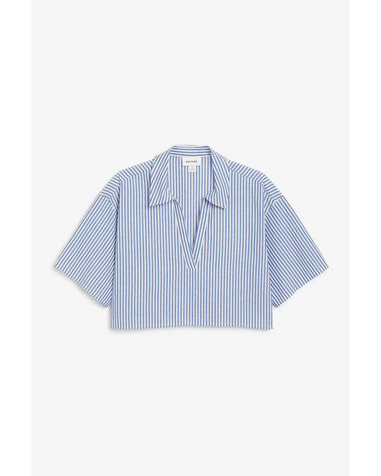 Monki Cropped V-neck Shirt Blue And White Stripes