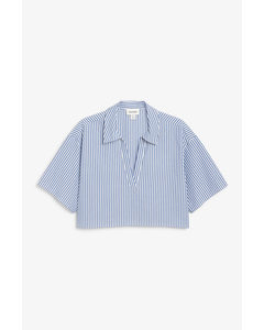 Cropped V-neck Shirt Blue And White Stripes