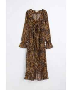 Flounce-detail Patterned Dress Dark Beige/patterned