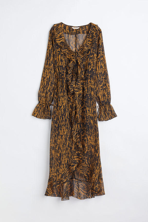 H&M Flounce-detail Patterned Dress Dark Beige/patterned