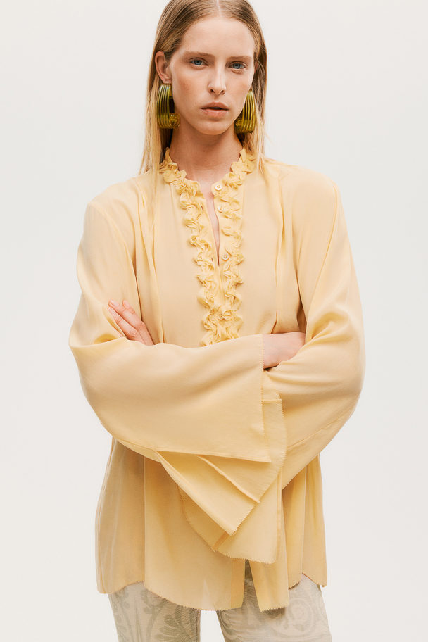 H&M Silk-blend Embellished Blouse Pastel Yellow