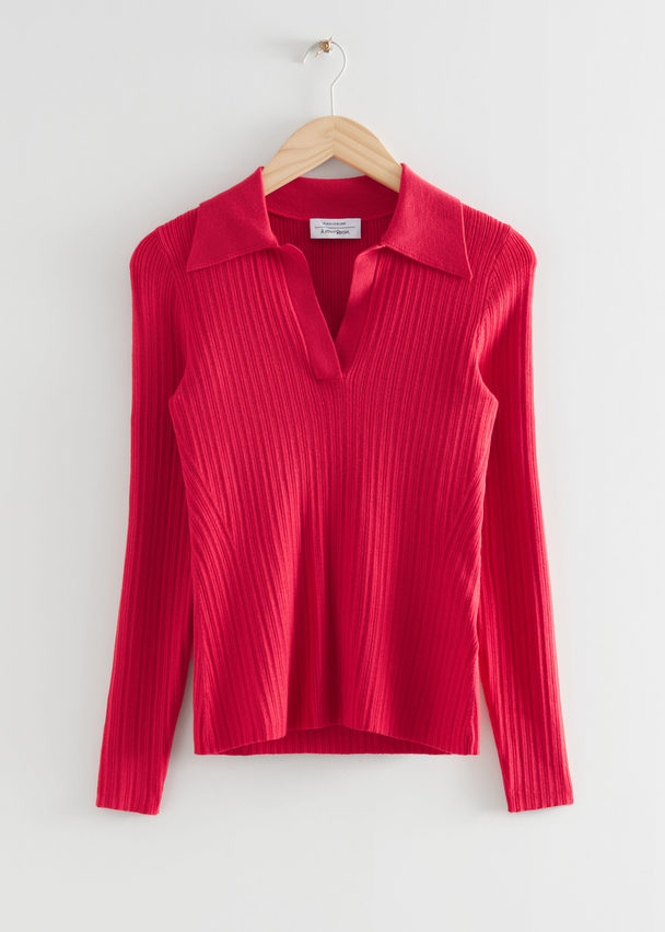 & Other Stories Fitted Ribbed Polo Top Red