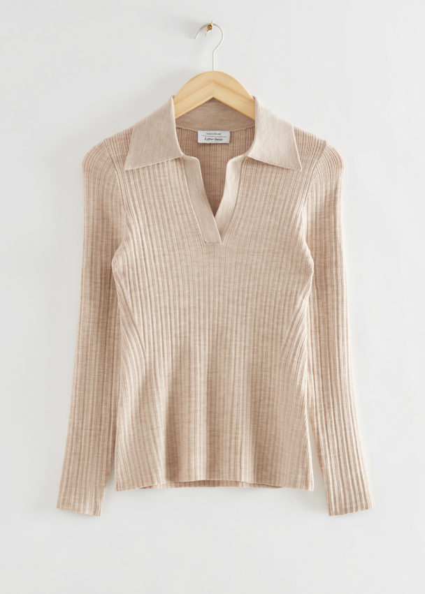 & Other Stories Fitted Ribbed Polo Top Beige