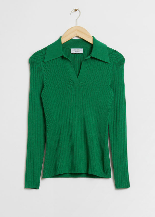 & Other Stories Fitted Ribbed Polo Top Green
