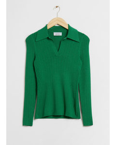 Fitted Ribbed Polo Top Green