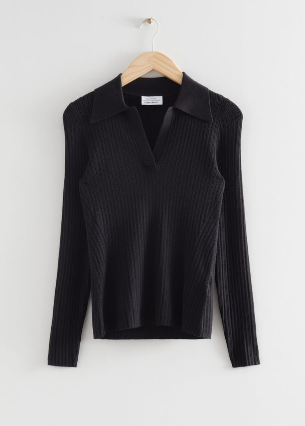 & Other Stories Fitted Ribbed Polo Top Black