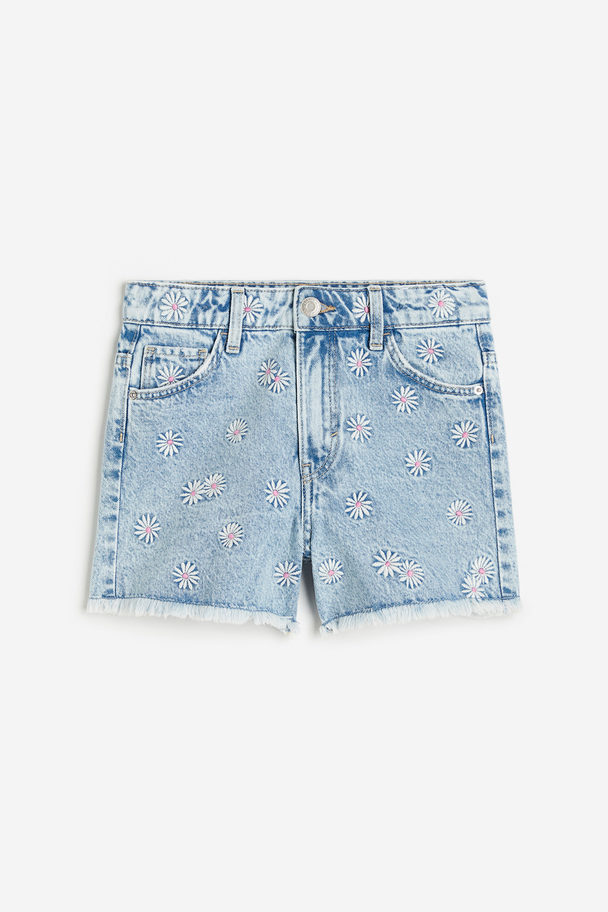 H&M Relaxed Fit High Denim Shorts Light Denim Blue/flowers