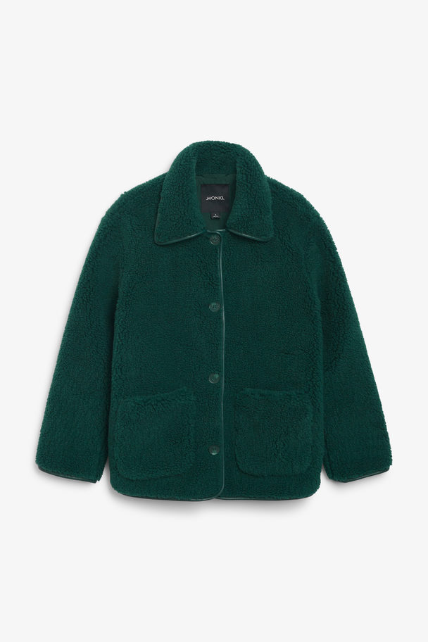 Monki Teddy Faux Fur Jacket Dark Green