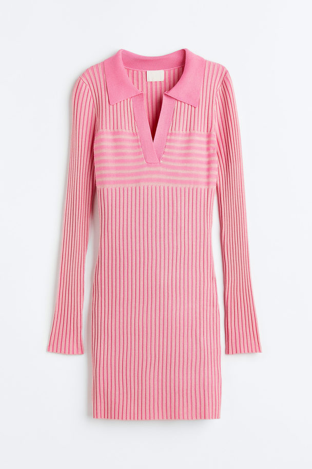 H&M Collared Rib-knit Dress Pink