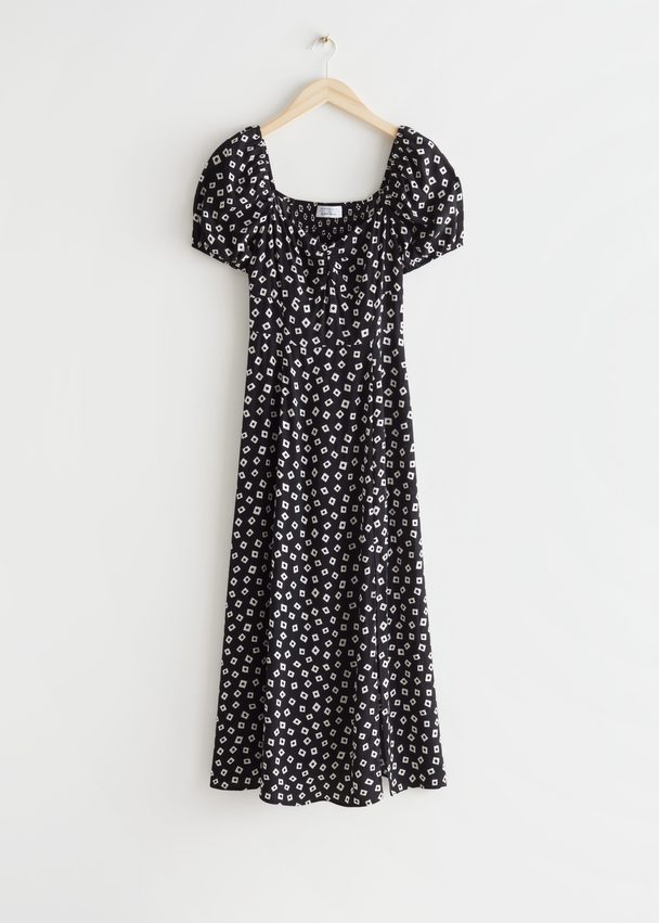 & Other Stories Flowy Puff Sleeve Midi Dress Black Squares