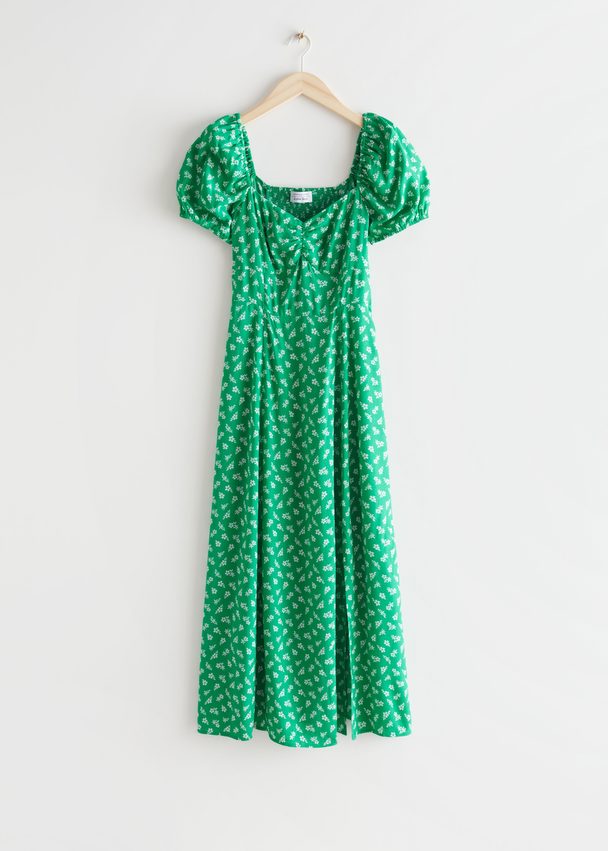 & Other Stories Flowy Puff Sleeve Midi Dress Green Florals